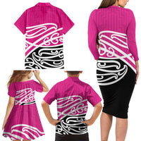 All Pink New Zealand Kowhai Ngutukak Family Matching Long Sleeve Bodycon Dress and Hawaiian Shirt - Polynesian Pride