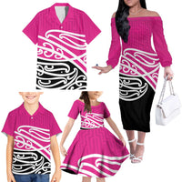 All Pink New Zealand Kowhai Ngutukak Family Matching Off The Shoulder Long Sleeve Dress and Hawaiian Shirt - Polynesian Pride