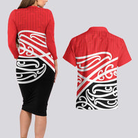All Red New Zealand Kowhai Ngutukak Couples Matching Long Sleeve Bodycon Dress and Hawaiian Shirt - Polynesian Pride