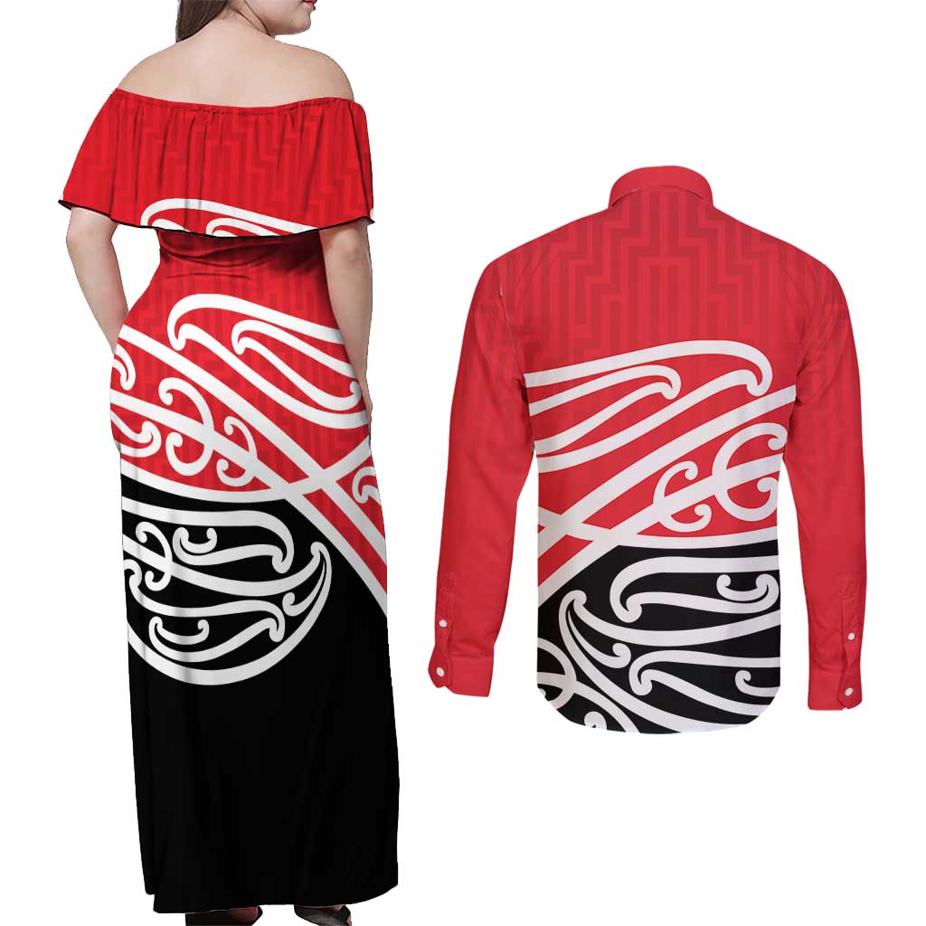 All Red New Zealand Kowhai Ngutukak Couples Matching Off Shoulder Maxi Dress and Long Sleeve Button Shirt - Polynesian Pride
