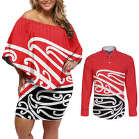 All Red New Zealand Kowhai Ngutukak Couples Matching Off Shoulder Short Dress and Long Sleeve Button Shirt - Polynesian Pride