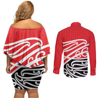 All Red New Zealand Kowhai Ngutukak Couples Matching Off Shoulder Short Dress and Long Sleeve Button Shirt - Polynesian Pride