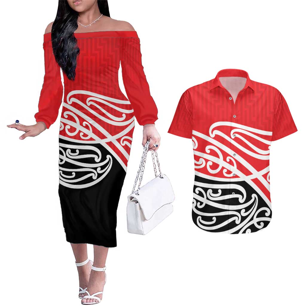 All Red New Zealand Kowhai Ngutukak Couples Matching Off The Shoulder Long Sleeve Dress and Hawaiian Shirt - Polynesian Pride