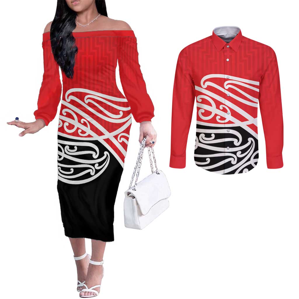 All Red New Zealand Kowhai Ngutukak Couples Matching Off The Shoulder Long Sleeve Dress and Long Sleeve Button Shirt - Polynesian Pride