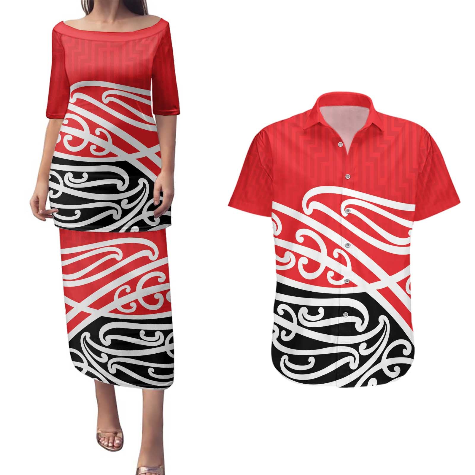 All Red New Zealand Kowhai Ngutukak Couples Matching Puletasi and Hawaiian Shirt - Polynesian Pride