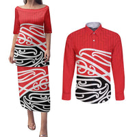 All Red New Zealand Kowhai Ngutukak Couples Matching Puletasi and Long Sleeve Button Shirt - Polynesian Pride