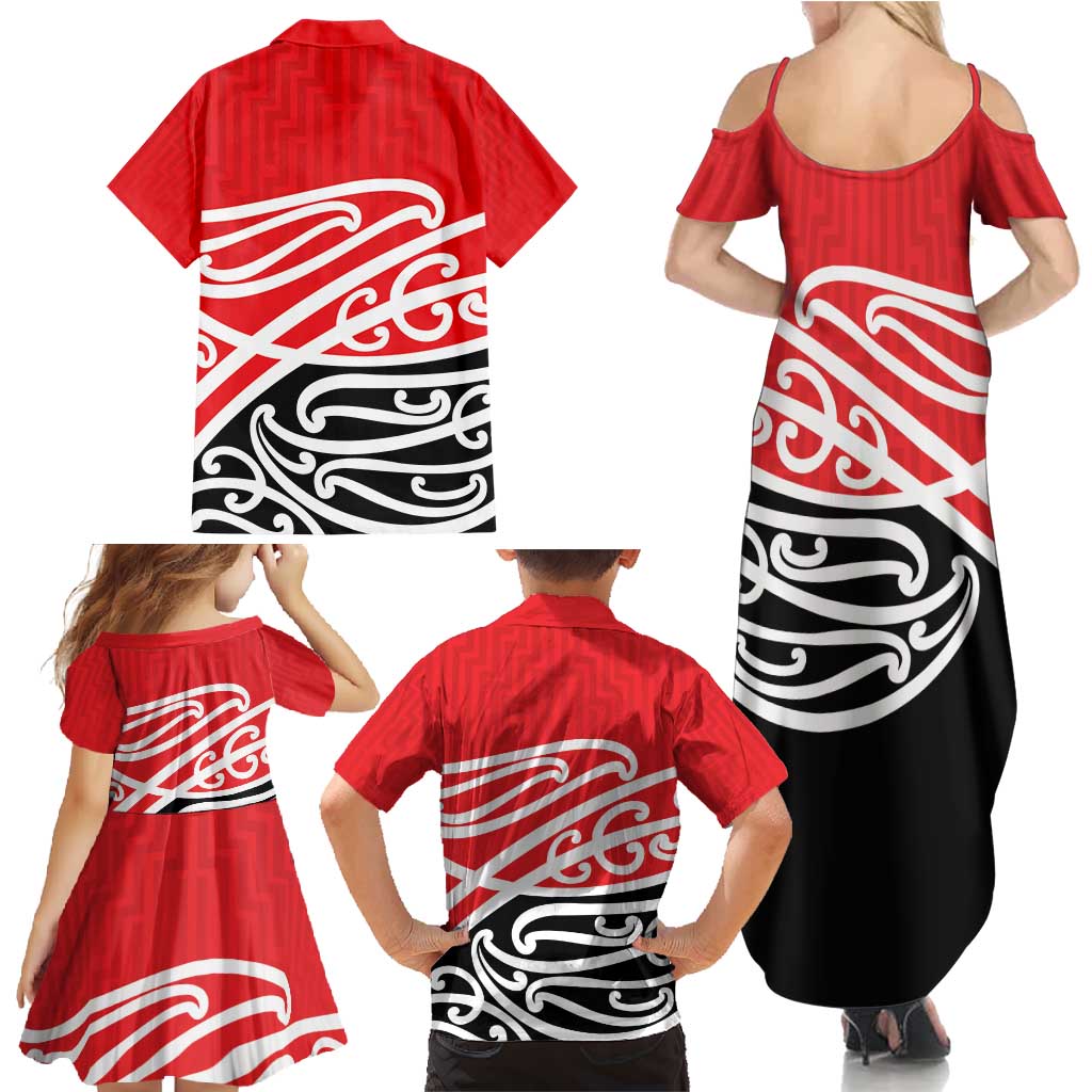 All Red New Zealand Kowhai Ngutukak Family Matching Summer Maxi Dress and Hawaiian Shirt - Polynesian Pride