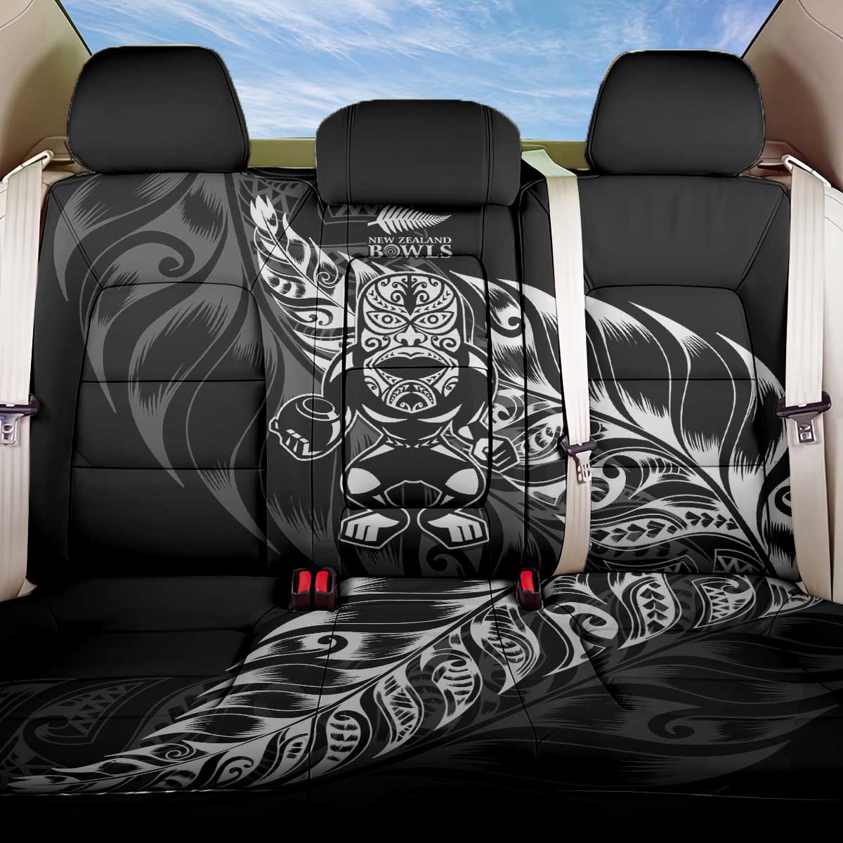 New Zealand Lawn Bowls Back Car Seat Cover Black Maori Warrior Tribal Silver Fern - Polynesian Pride