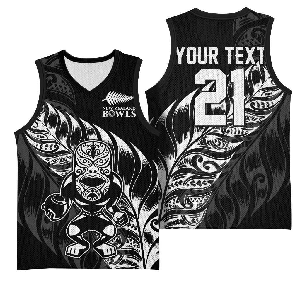 New Zealand Lawn Bowls Custom Basketball Jersey Black Maori Warrior Tribal Silver Fern - Polynesian Pride
