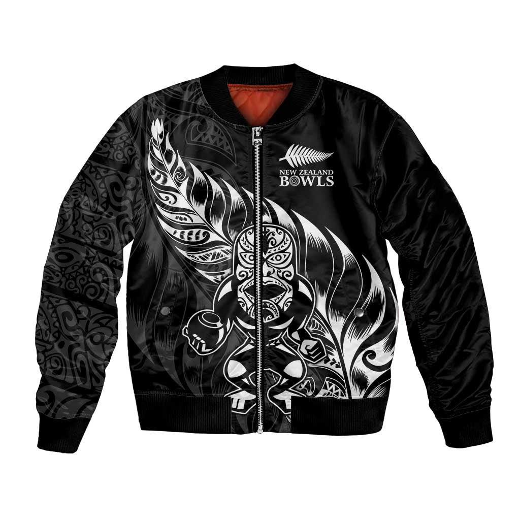 New Zealand Lawn Bowls Custom Bomber Jacket Black Maori Warrior Tribal Silver Fern - Polynesian Pride
