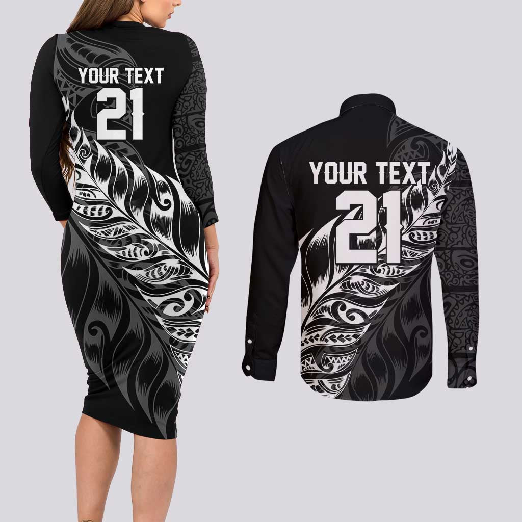 New Zealand Lawn Bowls Custom Couples Matching Long Sleeve Bodycon Dress and Long Sleeve Button Shirt Black Maori Warrior Tribal Silver Fern - Polynesian Pride