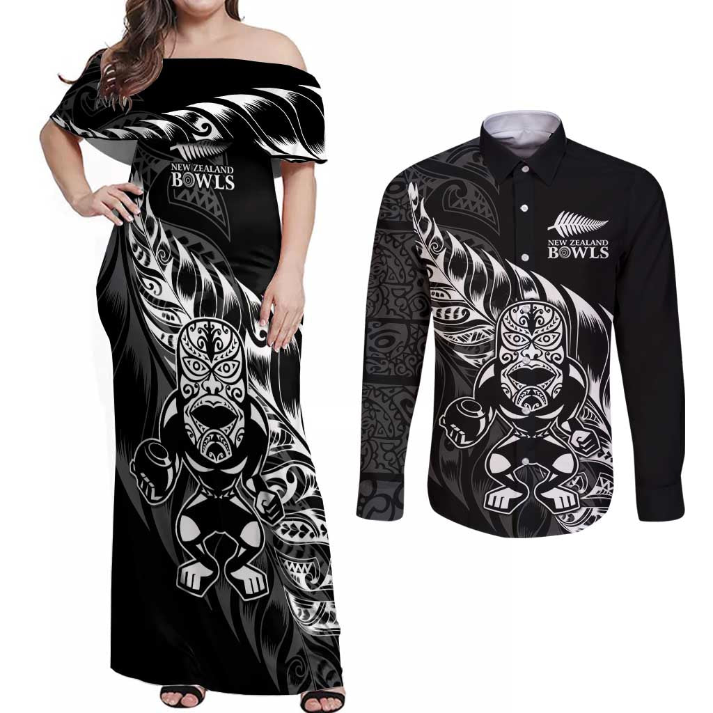 New Zealand Lawn Bowls Custom Couples Matching Off Shoulder Maxi Dress and Long Sleeve Button Shirt Black Maori Warrior Tribal Silver Fern - Polynesian Pride
