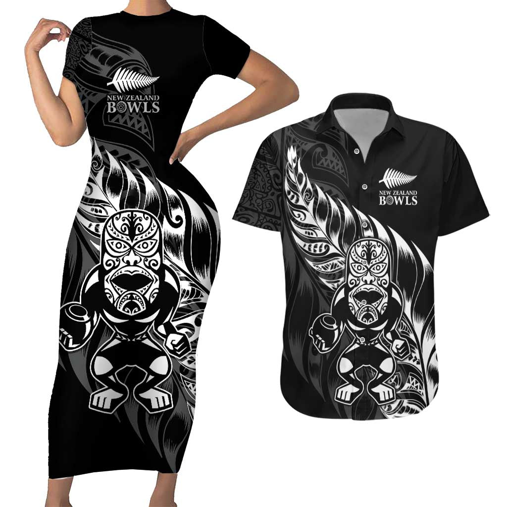 New Zealand Lawn Bowls Custom Couples Matching Short Sleeve Bodycon Dress and Hawaiian Shirt Black Maori Warrior Tribal Silver Fern - Polynesian Pride