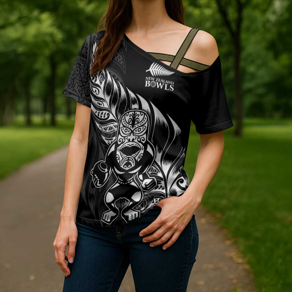 New Zealand Lawn Bowls Custom Cross Shoulder Shirt Black Maori Warrior Tribal Silver Fern - Polynesian Pride
