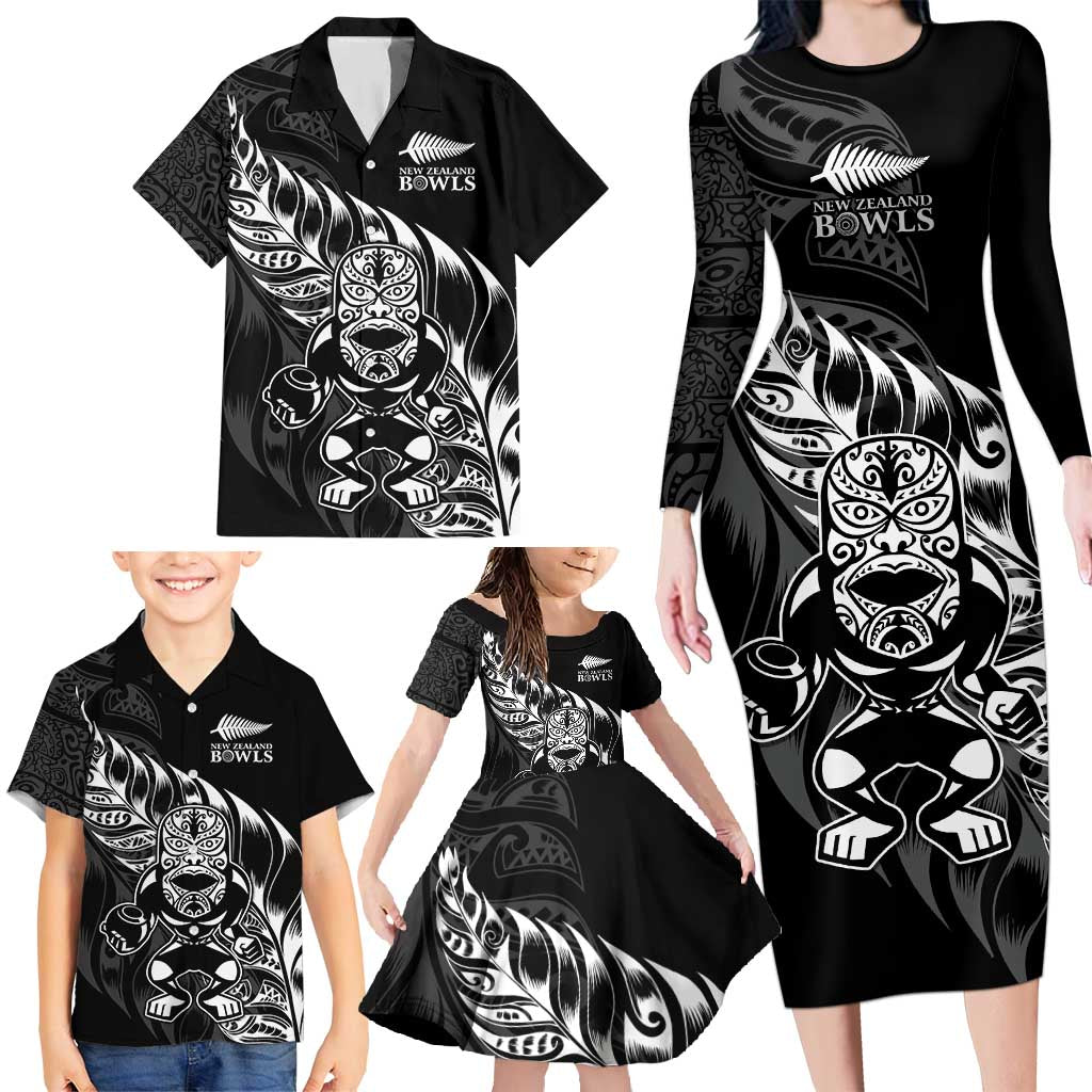 New Zealand Lawn Bowls Custom Family Matching Long Sleeve Bodycon Dress and Hawaiian Shirt Black Maori Warrior Tribal Silver Fern - Polynesian Pride