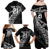 New Zealand Lawn Bowls Custom Family Matching Off Shoulder Maxi Dress and Hawaiian Shirt Black Maori Warrior Tribal Silver Fern - Polynesian Pride