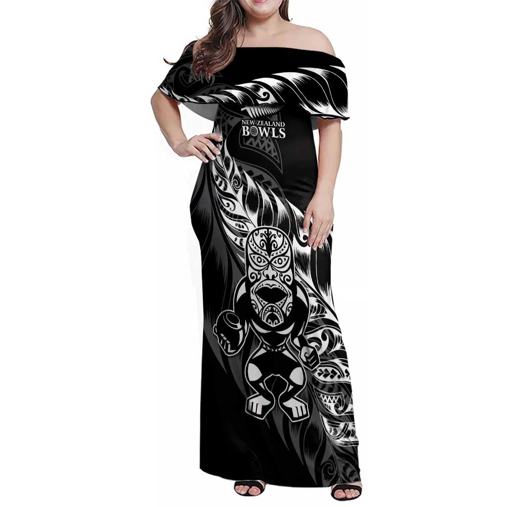 New Zealand Lawn Bowls Custom Family Matching Off Shoulder Maxi Dress and Hawaiian Shirt Black Maori Warrior Tribal Silver Fern - Polynesian Pride