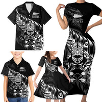 New Zealand Lawn Bowls Custom Family Matching Short Sleeve Bodycon Dress and Hawaiian Shirt Black Maori Warrior Tribal Silver Fern - Polynesian Pride
