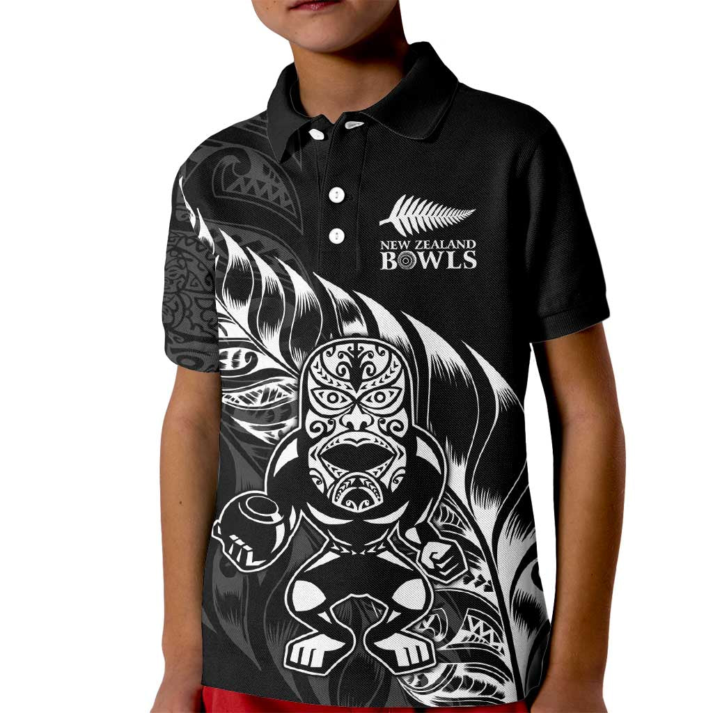 New Zealand Lawn Bowls Custom Kid Polo Shirt Black Maori Warrior Tribal Silver Fern - Polynesian Pride