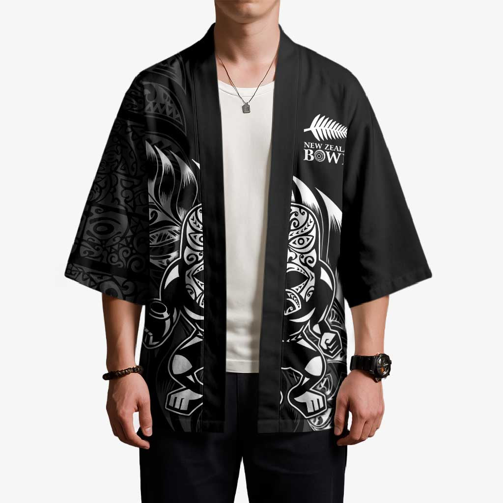 New Zealand Lawn Bowls Custom Kimono Black Maori Warrior Tribal Silver Fern - Polynesian Pride