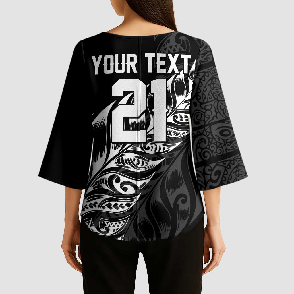 New Zealand Lawn Bowls Custom Kimono Sleeve Blouse Black Maori Warrior Tribal Silver Fern - Polynesian Pride