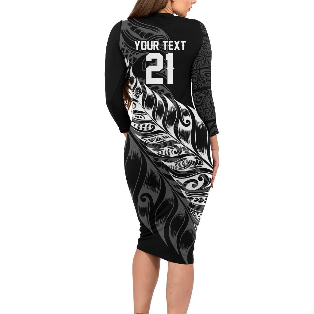 New Zealand Lawn Bowls Custom Long Sleeve Bodycon Dress Black Maori Warrior Tribal Silver Fern - Polynesian Pride