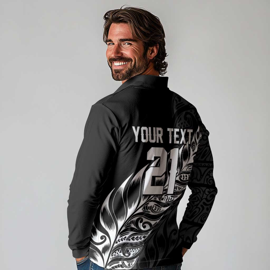 New Zealand Lawn Bowls Custom Long Sleeve Polo Shirt Black Maori Warrior Tribal Silver Fern - Polynesian Pride