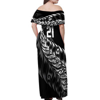 New Zealand Lawn Bowls Custom Off Shoulder Maxi Dress Black Maori Warrior Tribal Silver Fern - Polynesian Pride