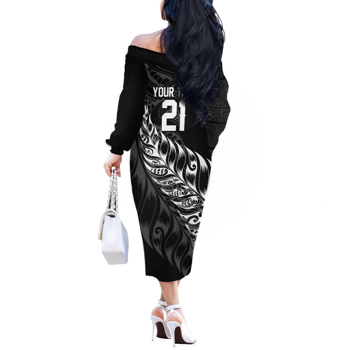 New Zealand Lawn Bowls Custom Off The Shoulder Long Sleeve Dress Black Maori Warrior Tribal Silver Fern - Polynesian Pride