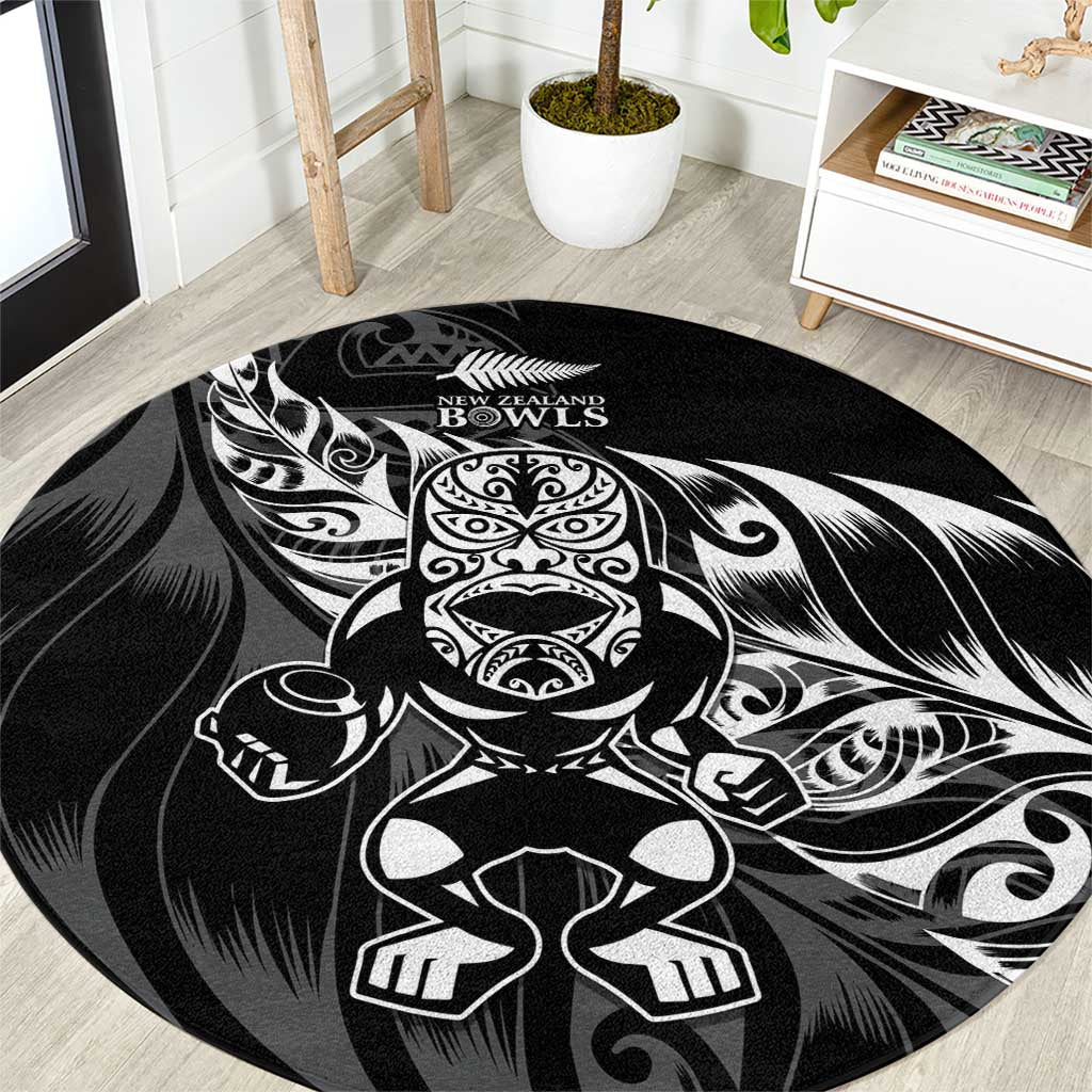 New Zealand Lawn Bowls Round Carpet Black Maori Warrior Tribal Silver Fern - Polynesian Pride