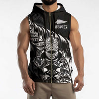 New Zealand Lawn Bowls Custom Sleeveless Zip Hoodie Black Maori Warrior Tribal Silver Fern - Polynesian Pride