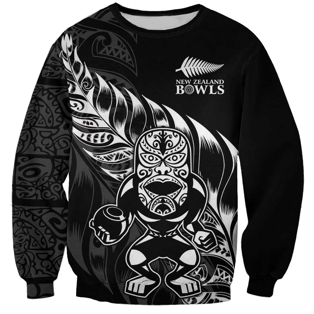 New Zealand Lawn Bowls Custom Sweatshirt Black Maori Warrior Tribal Silver Fern - Polynesian Pride