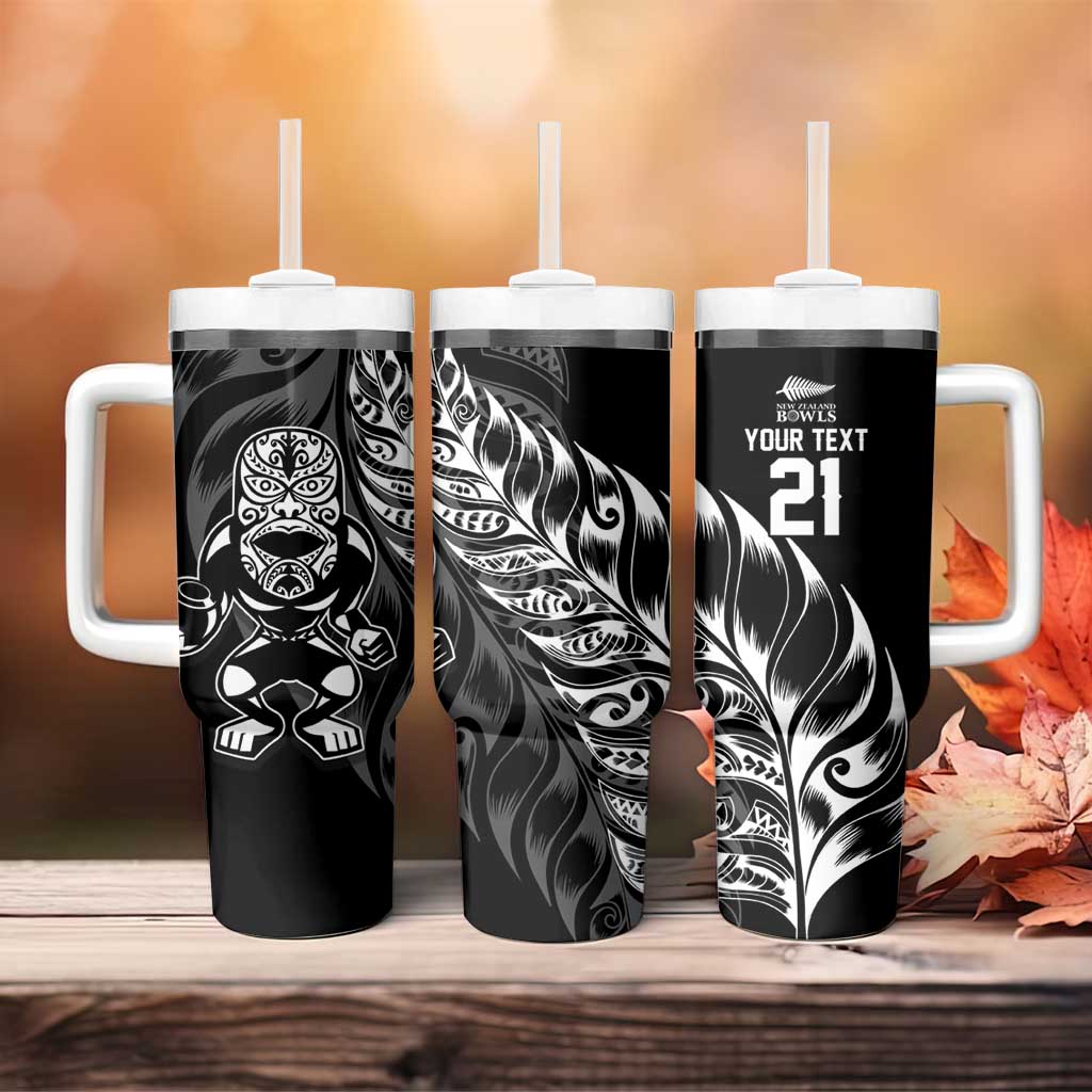 New Zealand Lawn Bowls Custom Tumbler With Handle Black Maori Warrior Tribal Silver Fern - Polynesian Pride