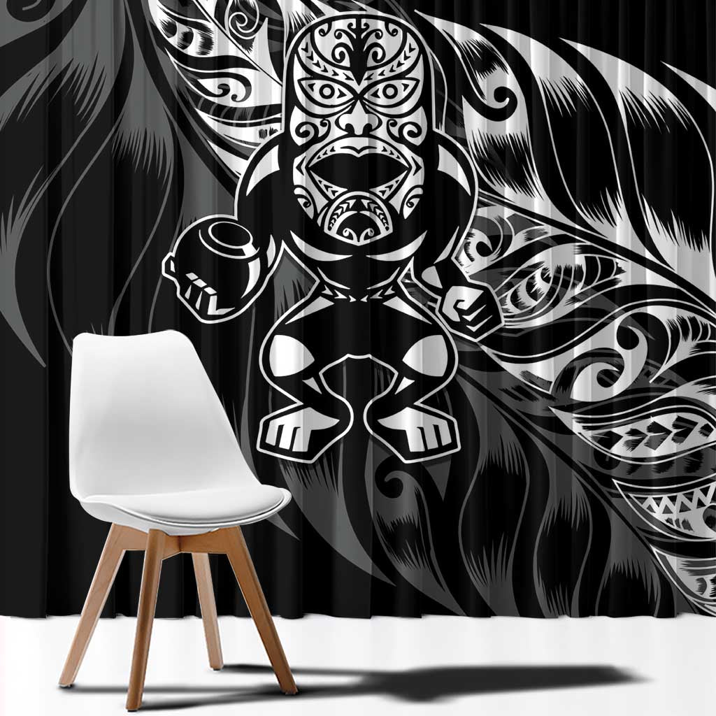 New Zealand Lawn Bowls Window Curtain Black Maori Warrior Tribal Silver Fern - Polynesian Pride