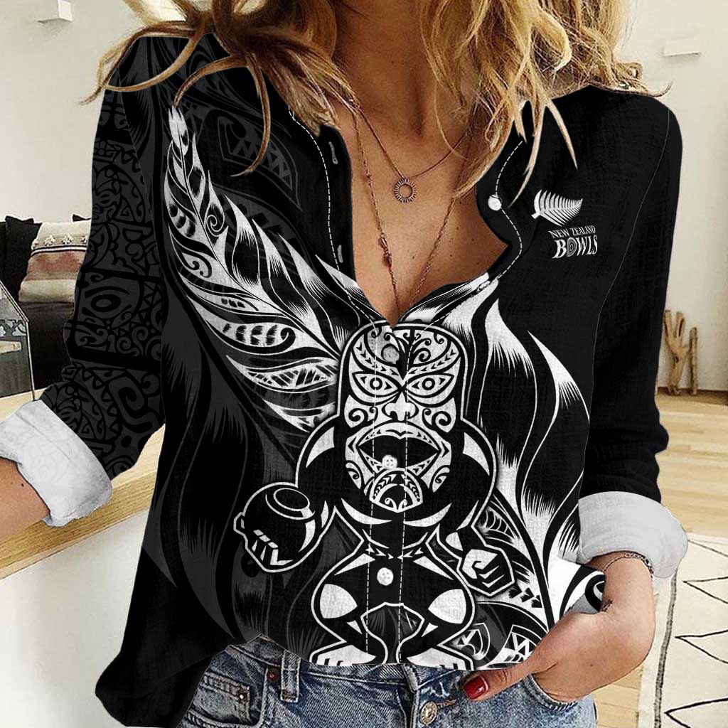 New Zealand Lawn Bowls Custom Women Casual Shirt Black Maori Warrior Tribal Silver Fern - Polynesian Pride