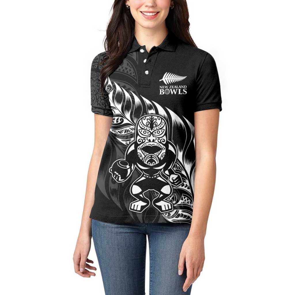 New Zealand Lawn Bowls Custom Women Polo Shirt Black Maori Warrior Tribal Silver Fern - Polynesian Pride