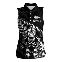 New Zealand Lawn Bowls Custom Women Sleeveless Polo Shirt Black Maori Warrior Tribal Silver Fern - Polynesian Pride