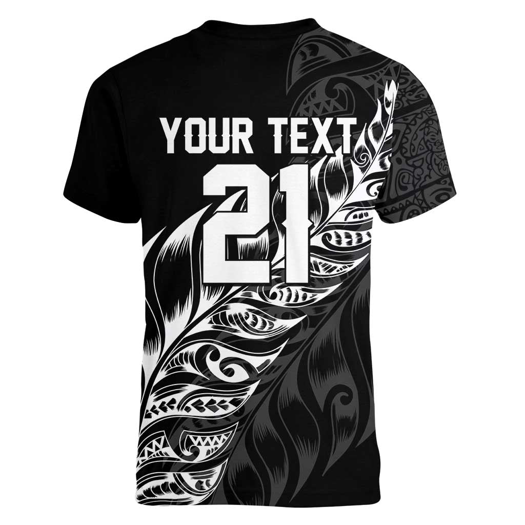 New Zealand Lawn Bowls Custom Women V-Neck T-Shirt Black Maori Warrior Tribal Silver Fern - Polynesian Pride