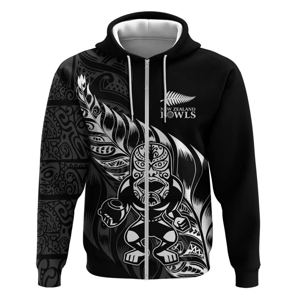 New Zealand Lawn Bowls Custom Zip Hoodie Black Maori Warrior Tribal Silver Fern - Polynesian Pride