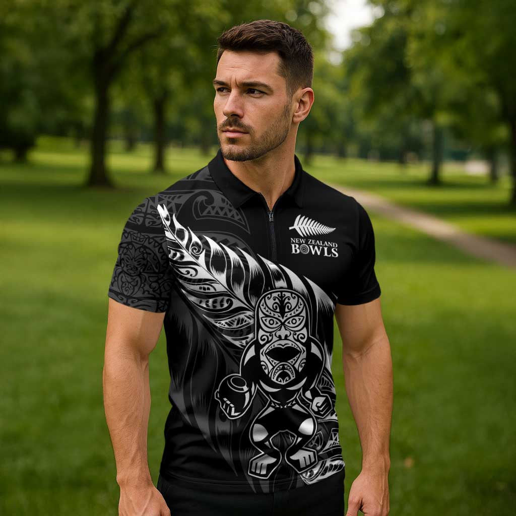 New Zealand Lawn Bowls Custom Zipper Polo Shirt Black Maori Warrior Tribal Silver Fern - Polynesian Pride