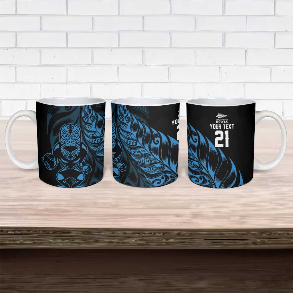 New Zealand Lawn Bowls Custom Ceramic Mug Blue Maori Warrior Tribal Silver Fern - Polynesian Pride