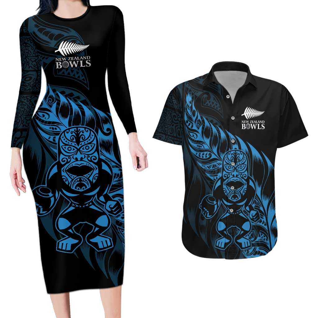 New Zealand Lawn Bowls Custom Couples Matching Long Sleeve Bodycon Dress and Hawaiian Shirt Blue Maori Warrior Tribal Silver Fern - Polynesian Pride