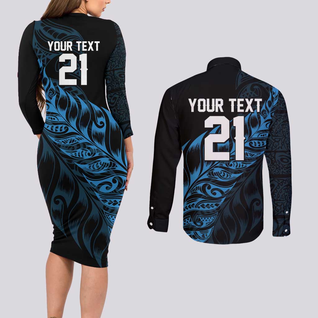 New Zealand Lawn Bowls Custom Couples Matching Long Sleeve Bodycon Dress and Long Sleeve Button Shirt Blue Maori Warrior Tribal Silver Fern - Polynesian Pride
