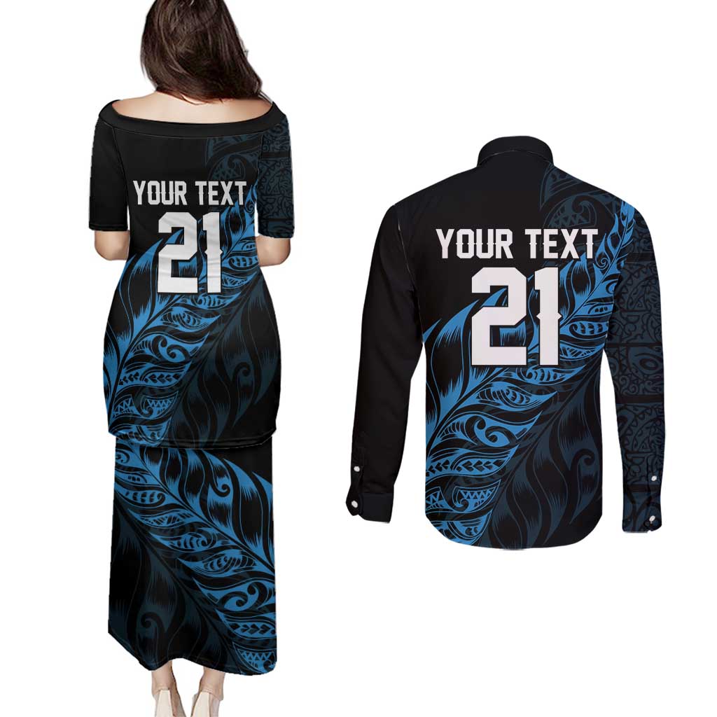 New Zealand Lawn Bowls Custom Couples Matching Puletasi and Long Sleeve Button Shirt Blue Maori Warrior Tribal Silver Fern - Polynesian Pride