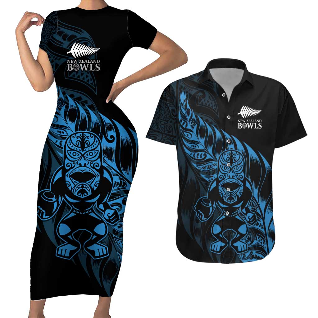 New Zealand Lawn Bowls Custom Couples Matching Short Sleeve Bodycon Dress and Hawaiian Shirt Blue Maori Warrior Tribal Silver Fern - Polynesian Pride