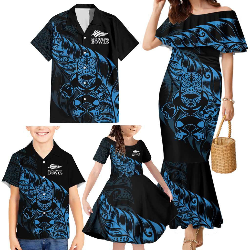 New Zealand Lawn Bowls Custom Family Matching Mermaid Dress and Hawaiian Shirt Blue Maori Warrior Tribal Silver Fern - Polynesian Pride