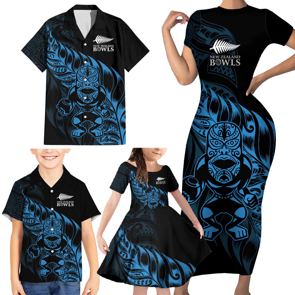 New Zealand Lawn Bowls Custom Family Matching Short Sleeve Bodycon Dress and Hawaiian Shirt Blue Maori Warrior Tribal Silver Fern - Polynesian Pride