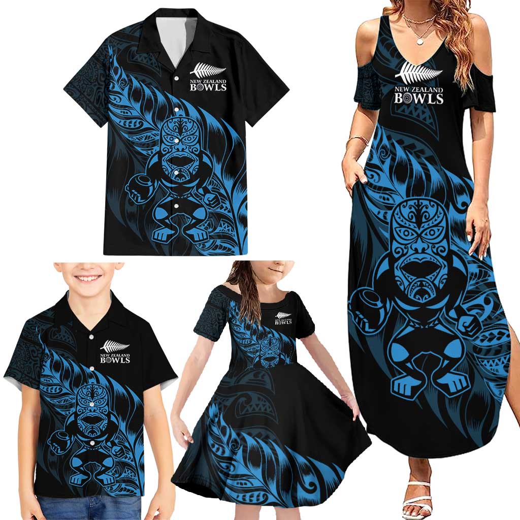 New Zealand Lawn Bowls Custom Family Matching Summer Maxi Dress and Hawaiian Shirt Blue Maori Warrior Tribal Silver Fern - Polynesian Pride