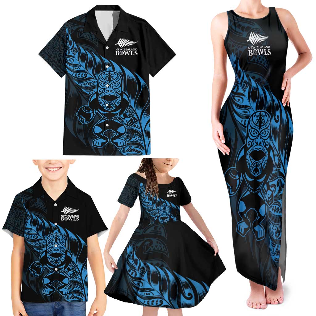 New Zealand Lawn Bowls Custom Family Matching Tank Maxi Dress and Hawaiian Shirt Blue Maori Warrior Tribal Silver Fern - Polynesian Pride