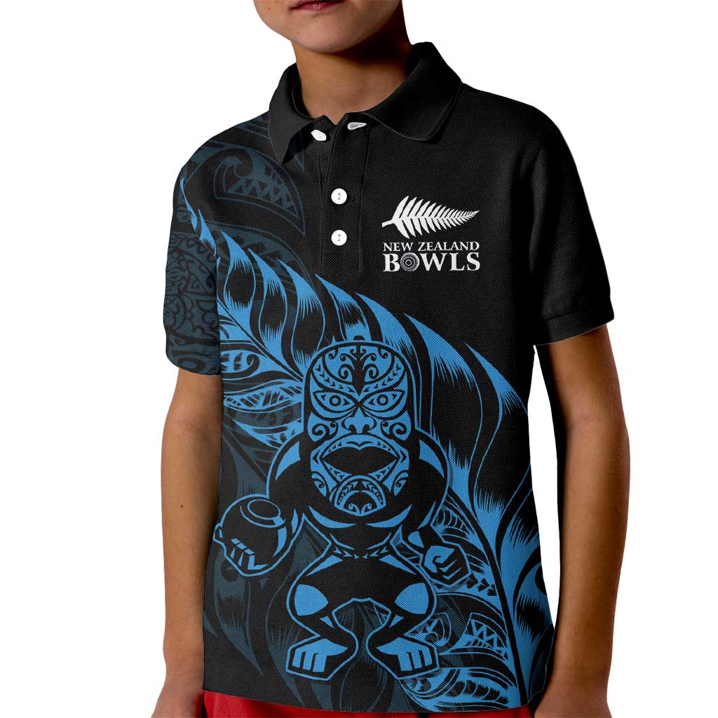 New Zealand Lawn Bowls Custom Kid Polo Shirt Blue Maori Warrior Tribal Silver Fern - Polynesian Pride